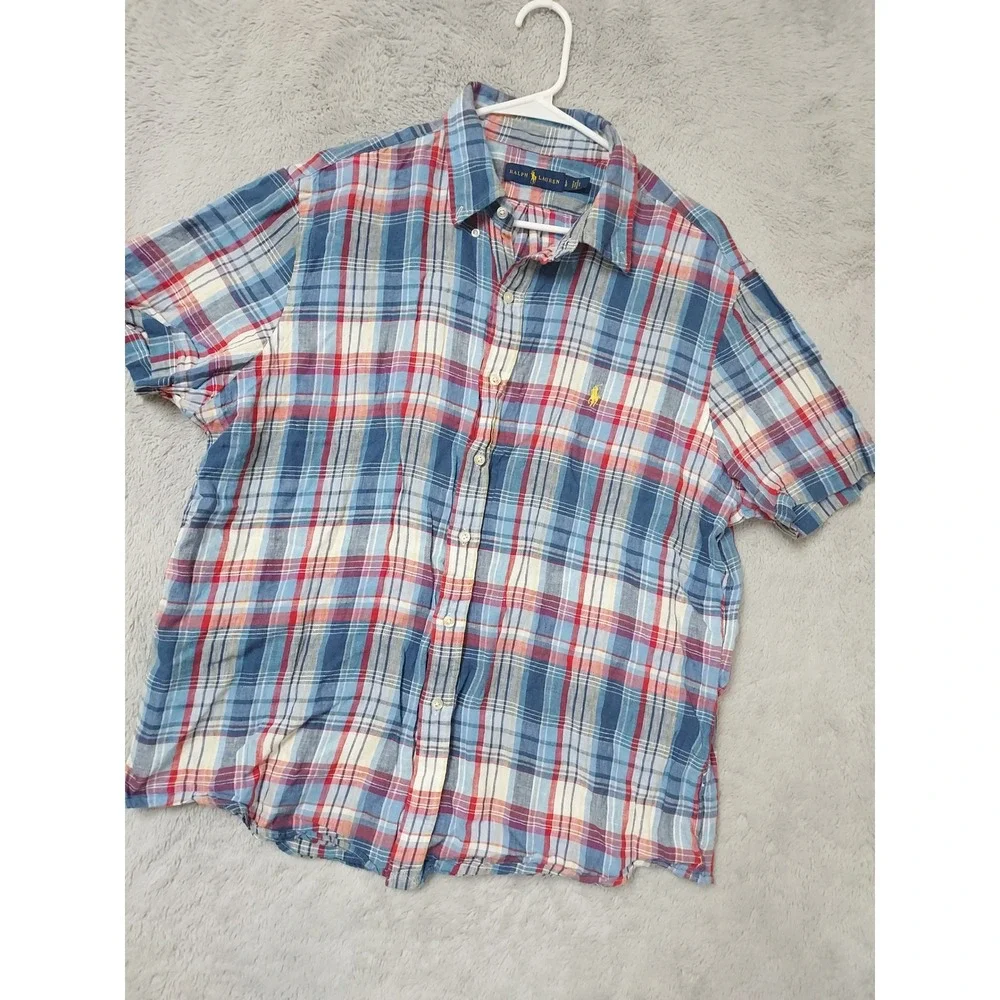 Polo Ralph Lauren Shirt Mens Large Short Sleeve Plaid 100% Linen Button Up Blue